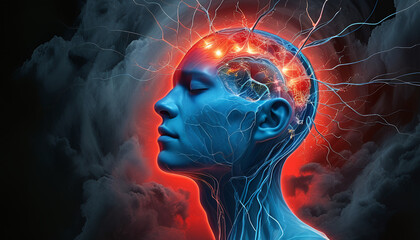 "Abstract depiction of a headache, showing a silhouetted head with intricate, tangled lines and sharp, glowing points around pain areas, especially in the temples