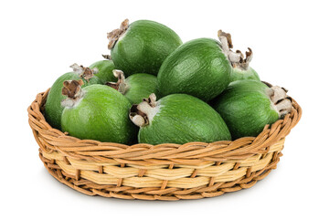 Feijoa fruit in a wicker basket isolated on white background