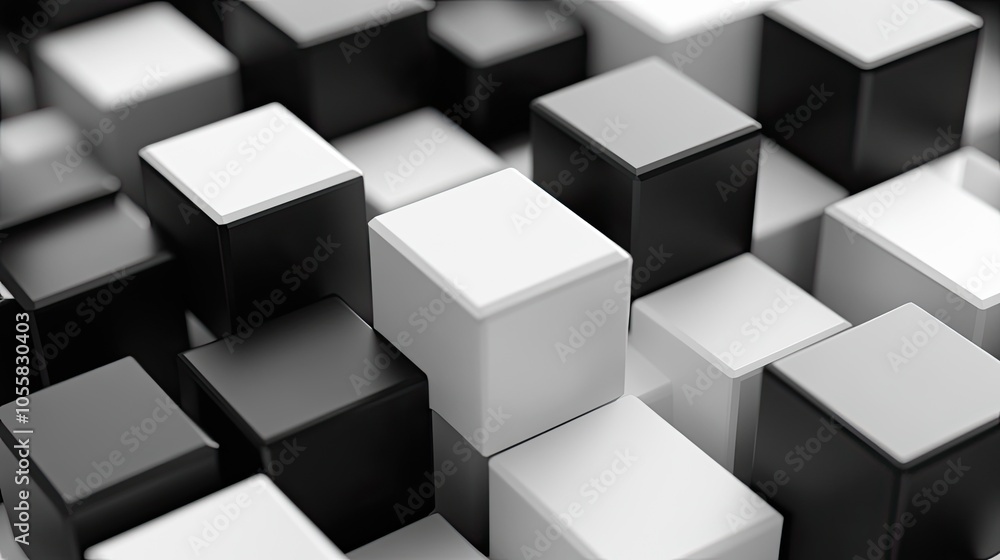 Fototapete dynamic black and white monochrome 3d cubes in a minimalist arrangement, offering space for text or 