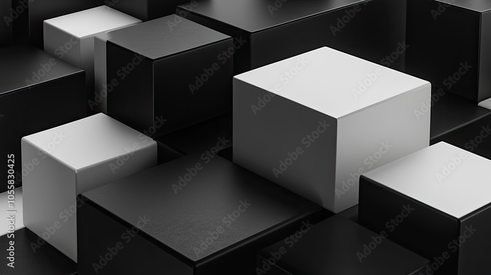 Fototapete dynamic black and white monochrome 3d cubes in a minimalist arrangement, offering space for text or 