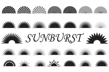 Sunburst vector icons set on white background. Set of vintage half sunburst, Sunrise collection in black color. Bursting, light, starburst rays, sunrise firework design elements. Vector Illustration.