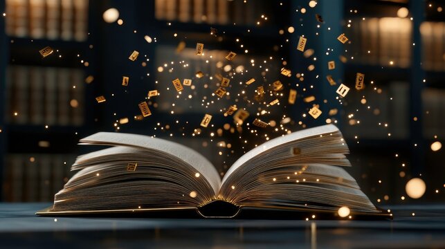 Golden numbers float around an open book, casting a magical glow in an ancient library filled with towering shelves and dusty tomes, evoking a sense of wonder