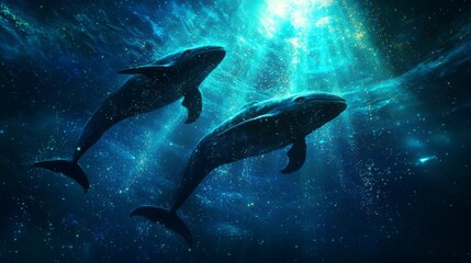 Obraz premium Underwater scene with two majestic whales swimming through bioluminescent particles in a deep ocean illuminated by sunlight