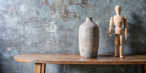 A rustic wooden table with a weathered grey vase and a wooden jointed doll on a grey background