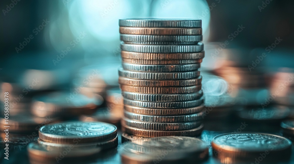 Poster stack of coins with soft background bokeh lighting