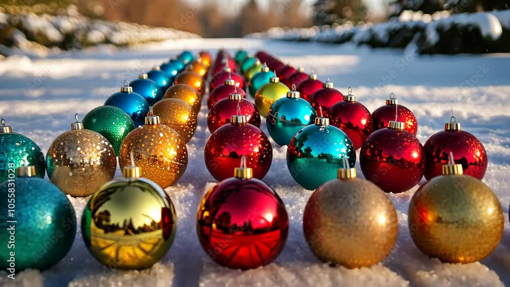 Poster symmetrical arrangement of christmas ornaments in a grid pattern on a snowy lawn, creating a sharp, 