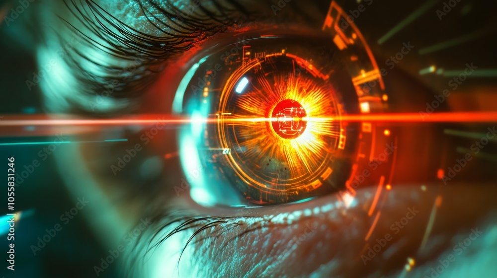 Aufkleber a close-up of a human eye with a glowing, circular device over the iris, illuminated by a red laser 