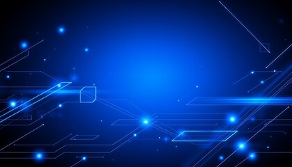 Abstract blue digital background with glowing lines and shapes.