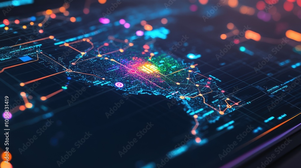 Poster A computer screen displaying India's digital flag on a map, symbolizing nationwide connections with colorful location markers