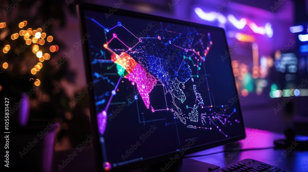 Poster A computer screen displaying India's digital flag on a map, symbolizing nationwide connections with colorful location markers