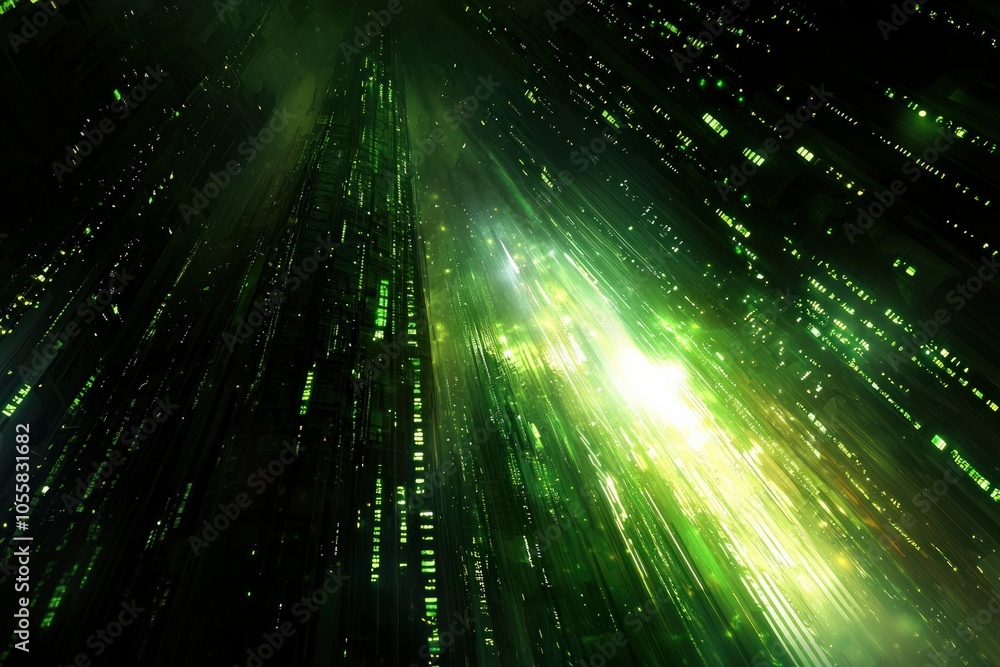Poster exploring the digital realm a journey through vibrant neon light patterns and energy flow