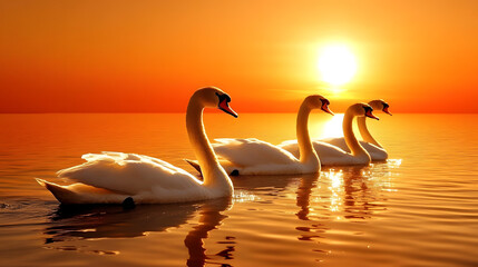 An Enchanting Flock of Majestic Swans Gliding Across a Tranquil Lake at Sunset