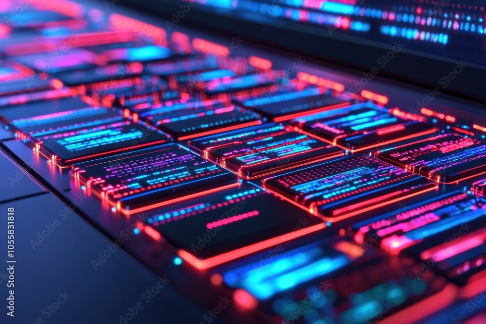 Poster vibrant digital interface with neon elements and futuristic keyboard design