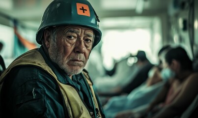 Fototapeta premium An elderly man in a hardhat looks directly at the