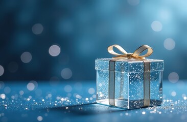 A stunning transparent gift box adorned with a gold bow on blue background, creating a festive atmosphere. present for New Years Eve, Christmas and winter holidays.