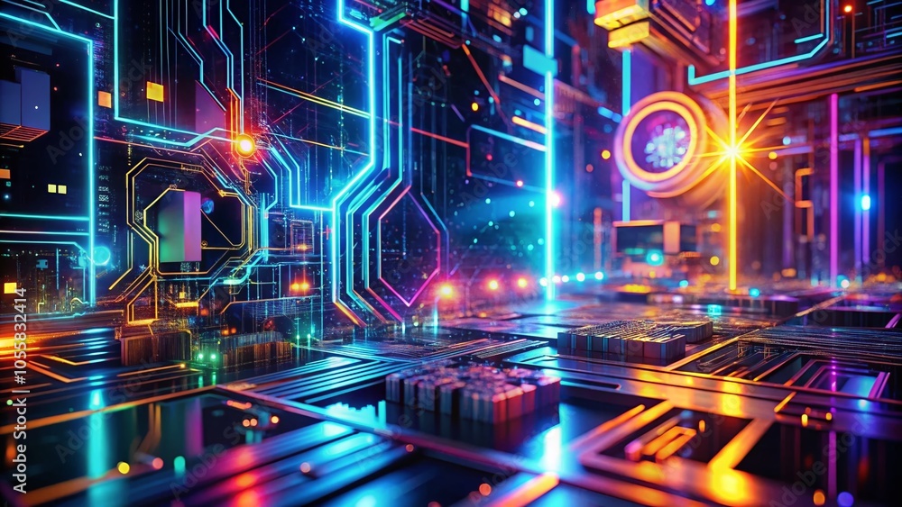 Poster futuristic technology background with neon lights and digital patterns for modern design projects