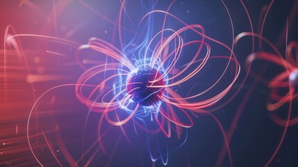 Abstract magnetic field visualization, in dark empty space, with luminous lines and arrows representing the magnetic flow around a central object
