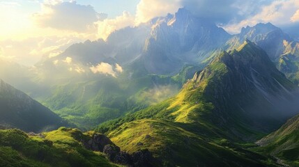 Fototapeta premium Serene mountain landscape bathed in golden sunlight and mist.