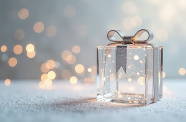 A stunning transparent gift box adorned with a silver bow on snowy ground, creating a festive atmosphere. present for New Years Eve, Christmas and winter holidays.
