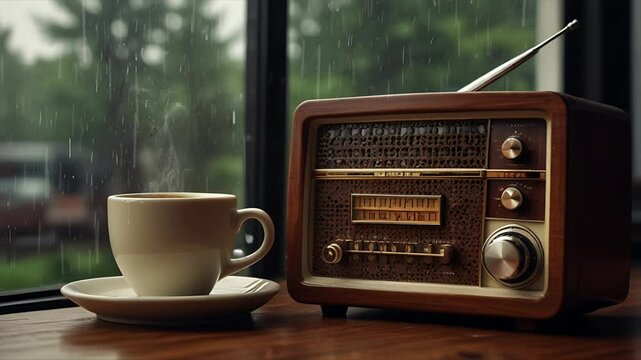 A radio and a cup of coffee behind the window during the rain. Relaxing and cozy atmosphere. Seamless 4K looping timelapse video animation background