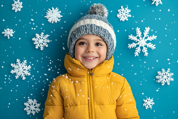 Closeup portrait of a cheerful little girl in jacket and knitted hat over yellow background. The child folded her arms and looks into the camera.