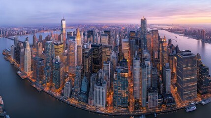 Aerial View of Manhattan Skyline at Dusk with Illuminated Buildings