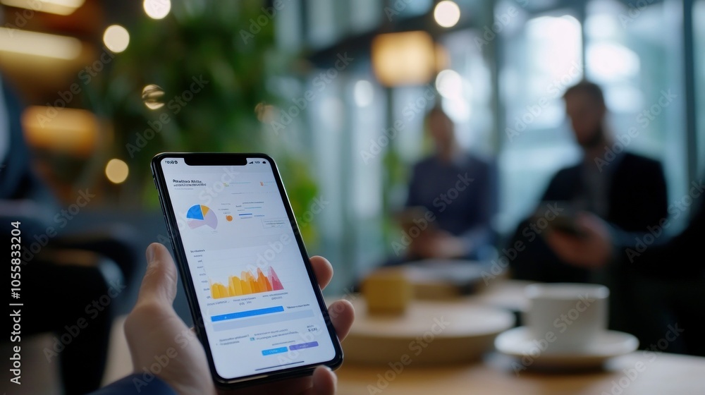 Poster person holding a smartphone displaying business analytics data