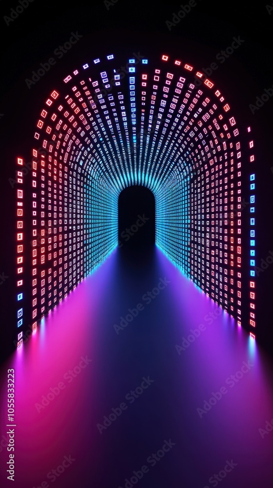 Poster exploring a mesmerizing neon tunnel of light and color in a futuristic space