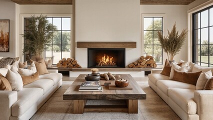Two chairs and sofa near fireplace. French country interior design of modern living room. Generated with AI