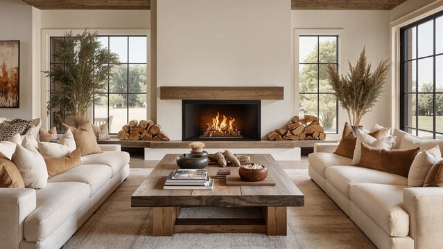 Two chairs and sofa near fireplace. French country interior design of modern living room. Generated with AI