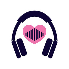 Headphones and heart with sound wave. Love music icon isolated on white background. Vector illustration