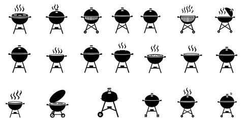 A collection of black BBQ grill icons in various styles and designs, outdoor, vector