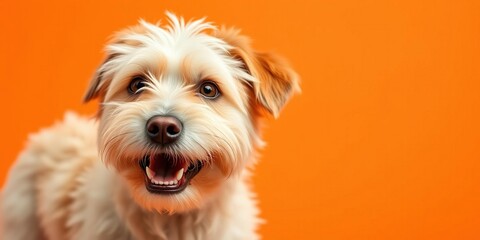 A cute and playful dog with a comical expression standing against a vibrant orange background, expression, animal