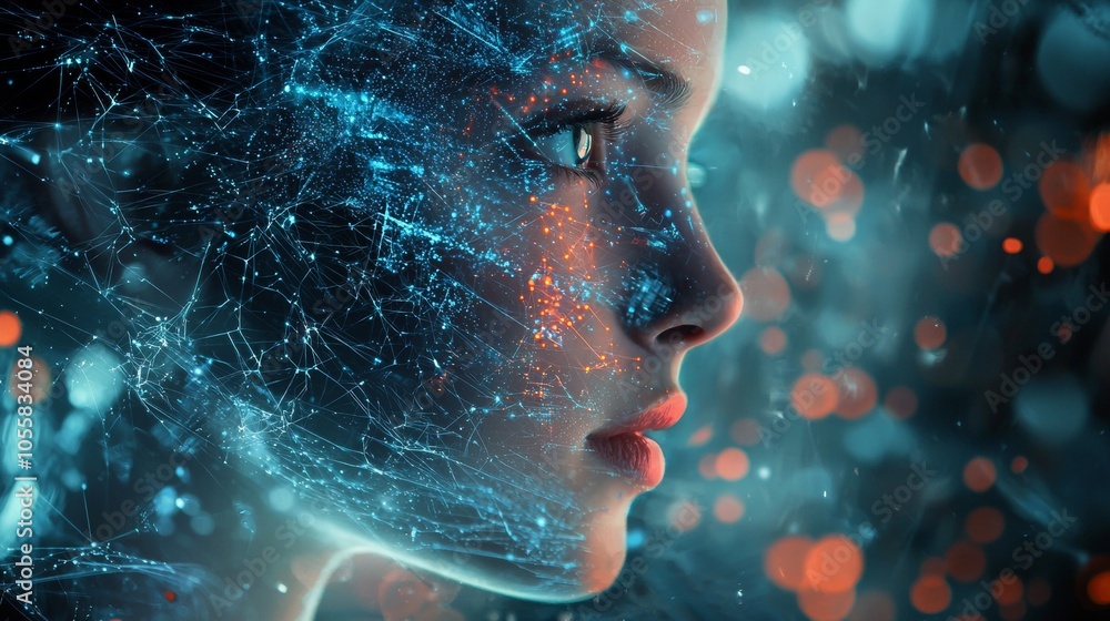 Poster digital face with abstract network of glowing lines