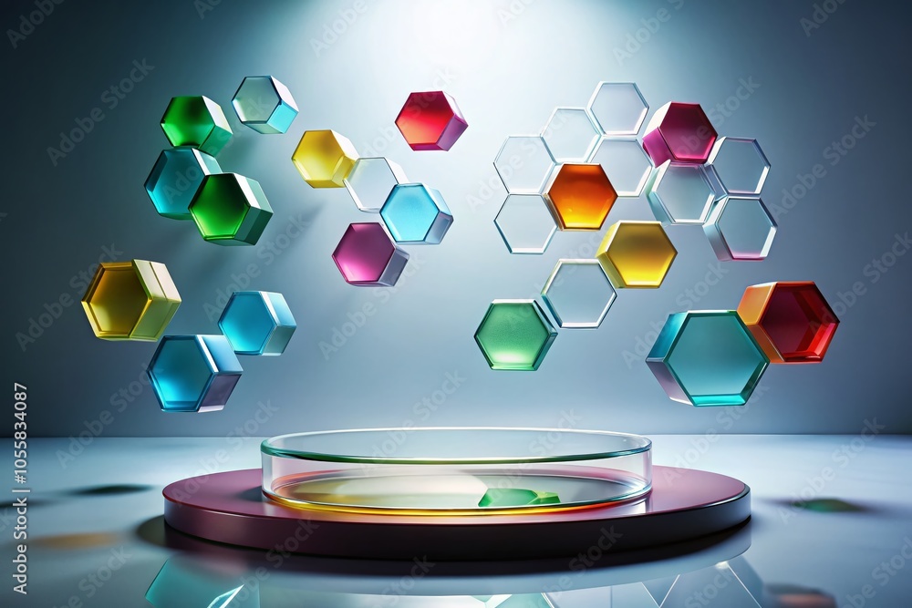 Poster glass hexagon shapes floating above circular platform in light gray background for modern conceptual