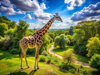 Giraffe in Its Natural Habitat: Aerial View of an African Safari Adventure at the Zoo This Summer