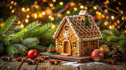 Gingerbread House Surrounded by Festive Ornaments and Green Spruce for Holiday Cheer