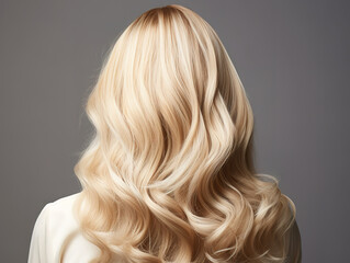 Naklejka premium Beautiful Curly Blonde Hair on Gray Background Showcasing Healthy Locks