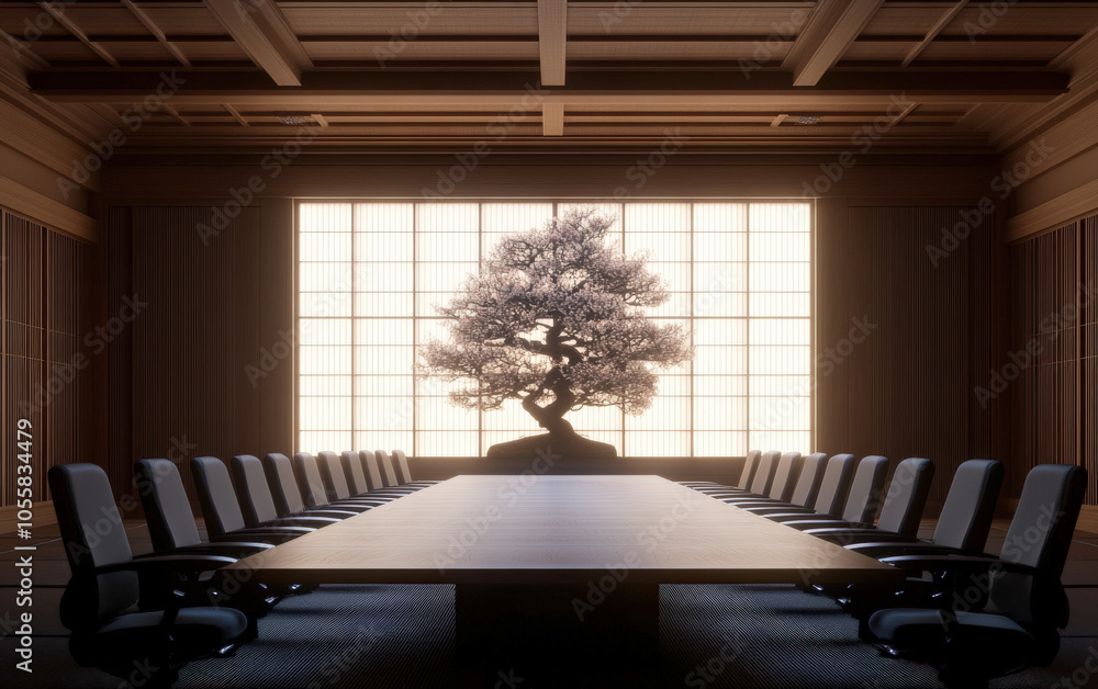 Poster a modern meeting room featuring a long table, surrounded by chairs, with a decorative tree illuminat