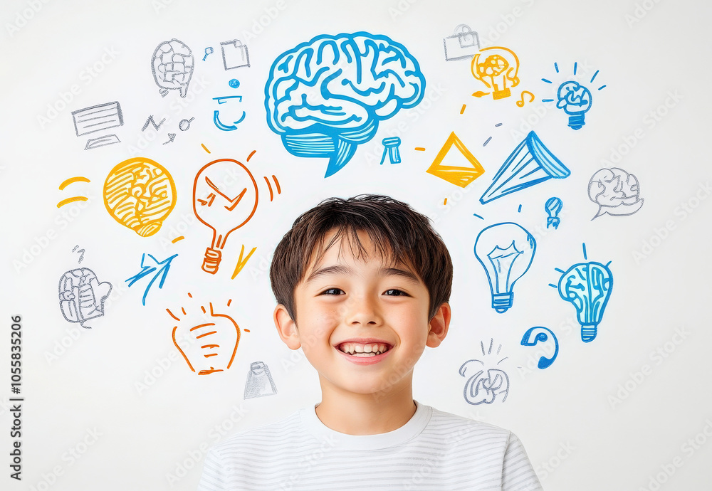 Poster a cheerful child smiles in front of colorful drawings representing ideas, creativity, and learning, 