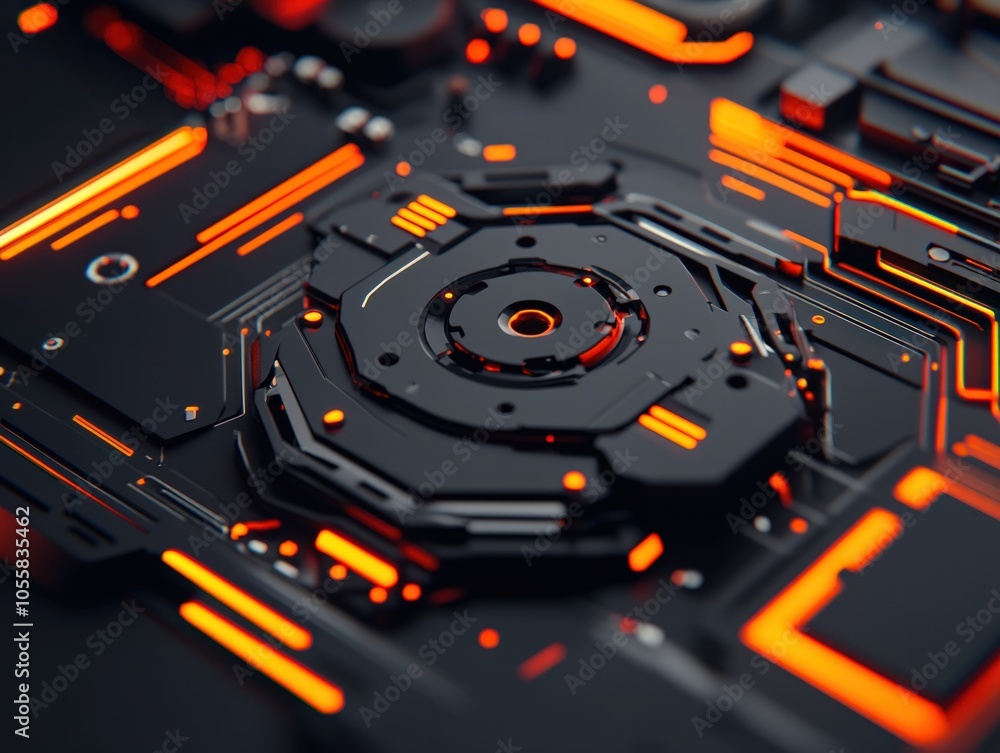 Poster futuristic tech background with vibrant orange highlights and intricate circuit design elements
