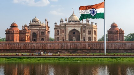 Fototapeta premium Indian flag close-up with historical buildings in the background, honoring India journey to independence