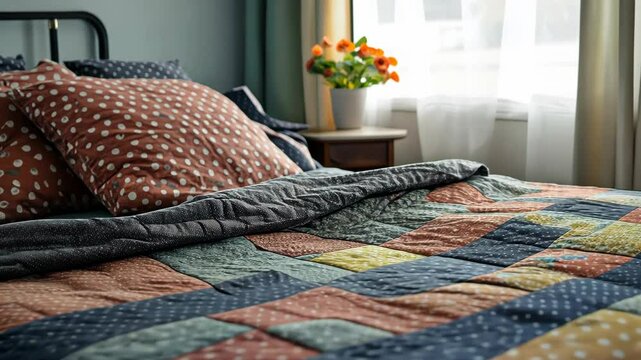 A patchwork quilt lays on a bed in a bedroom with a window in the background