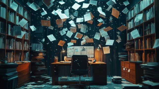 Papers flying around a cluttered desk in a home office