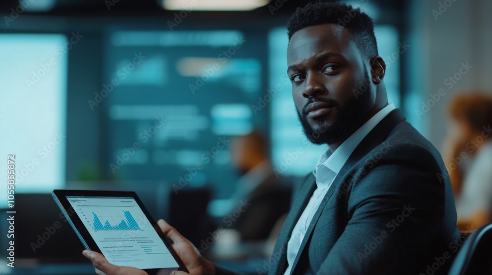 Aufkleber a well-dressed black man sits in a contemporary office, focused on a tablet displaying data charts. 