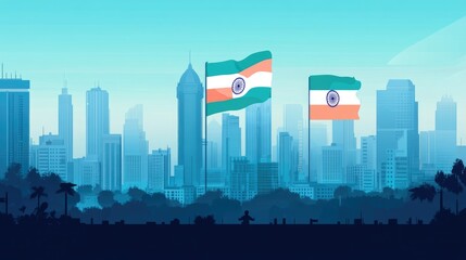 Fototapeta premium Indian flag flying in a modern cityscape background, blending past and present