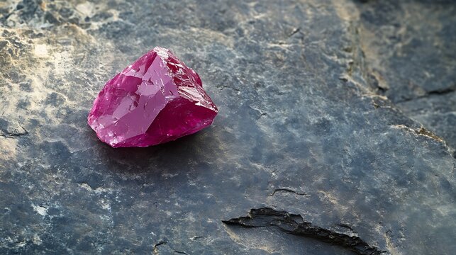 A raw, unpolished ruby gemstone with natural imperfections placed on a stone background