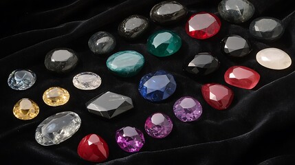 A variety of polished gemstones including emerald, ruby, and sapphire displayed on a black velvet cloth