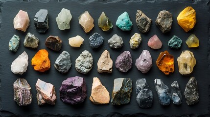 Obraz premium A variety of raw and polished gemstones displayed side by side on a dark slate surface