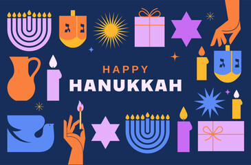 Happy Hanukkah banner, background, poster. Modern design for traditional holiday. Menorah, dove, candles and dreidel illustrations